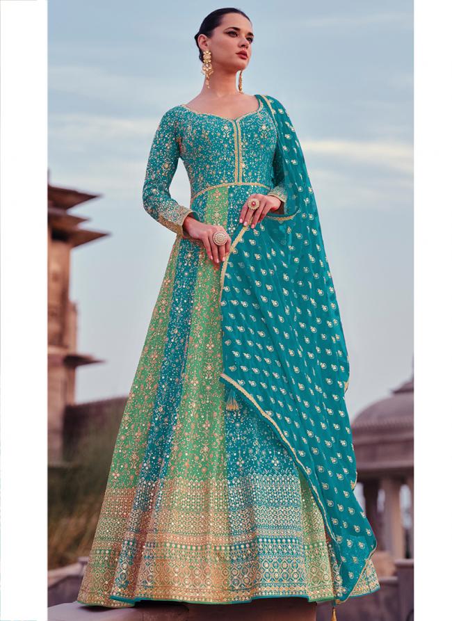 Georgette Sky Blue Wedding Wear Embroidery Work Readymade Gown With Dupatta